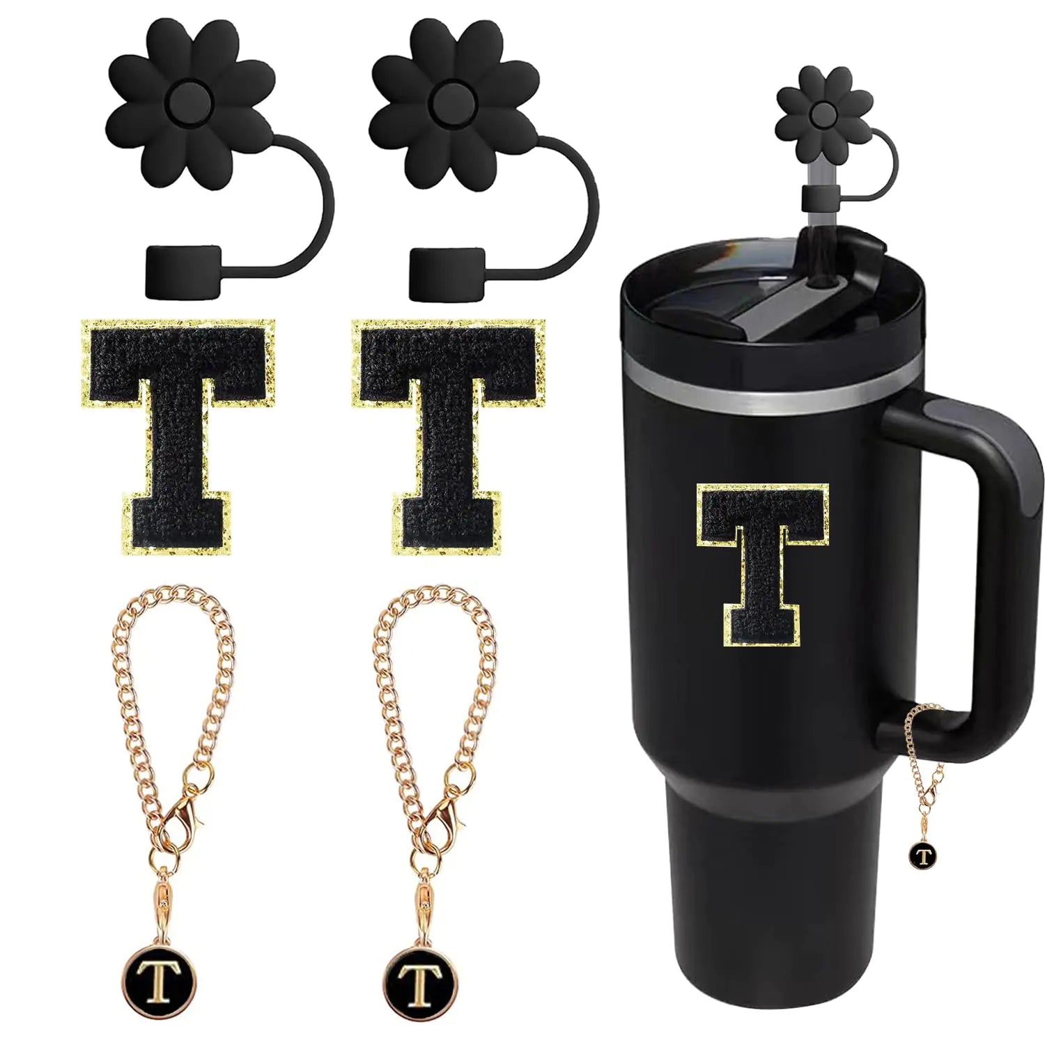6PCS Stanley Cup AccessoriesBlack Stanley Straw Cover 10mm/0.4in + Letter Charms +Adhesive Chenille Letter Sticker for Stanley Cup 30&40 Oz Silicone Stanley Straw Toppers for Stanley Tumbler