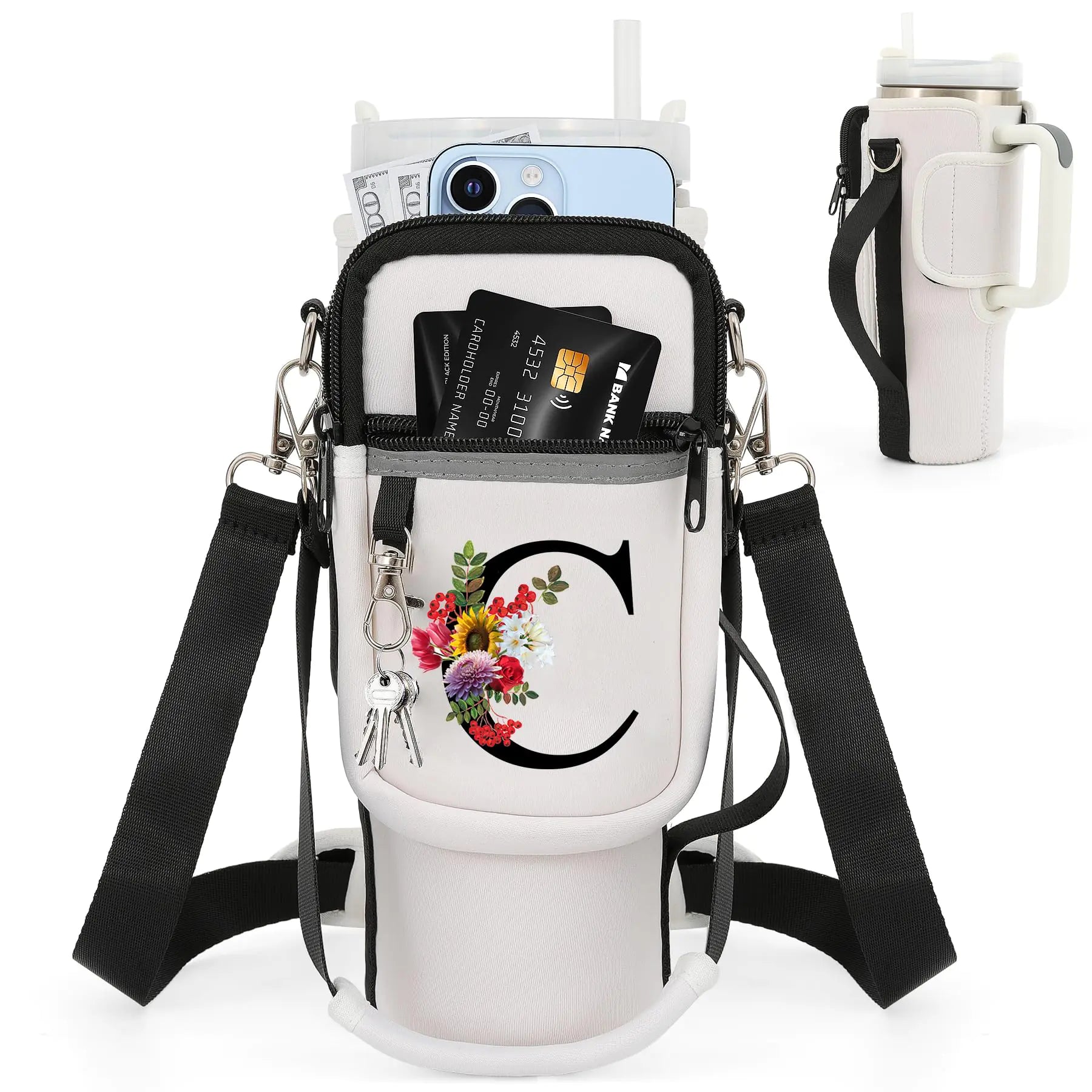 Initial Water Bottle Holder with Strap for Stanley 40 oz TumblerWater Bottle Carrier Bag with Phone Pocket for Stanley CupNeoprene Stanley Cup Accessories Holder with Adjustable Strap (C White)