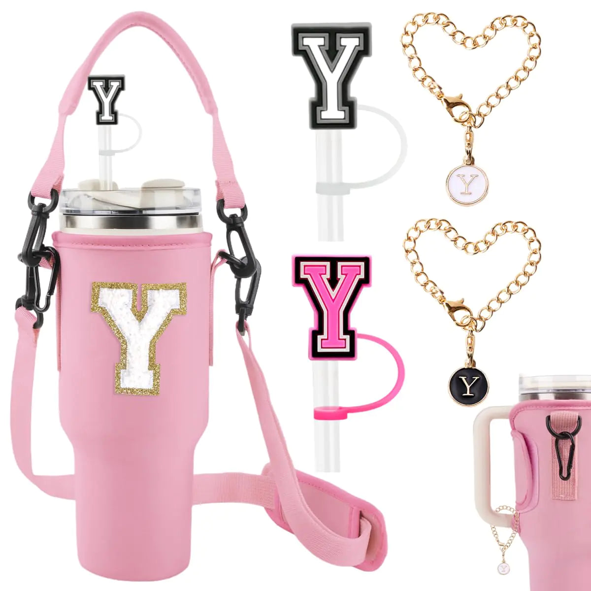 Initial Water Bottle Carrier for Stanley 40 oz TumblerPersonalized Stanley Cup Holder with StrapWater Bottle Holder with 2pcs Stanley Cup Accessories Straw Topper Cover and Letter Charm(Pinky)