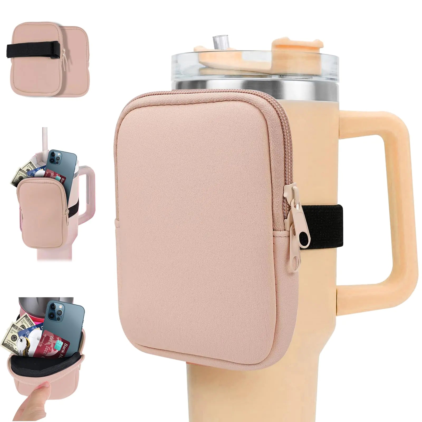 AKIKI Water Bottle Pouch for Stanley Quencher Adventure 40oz & Stanley IceFlow 20oz 30oz Gym Water Bottle Pouch for Stanley Cup 40ozWorkout Outdoor Tumbler Pocket for Phone Card Keys (Pink)