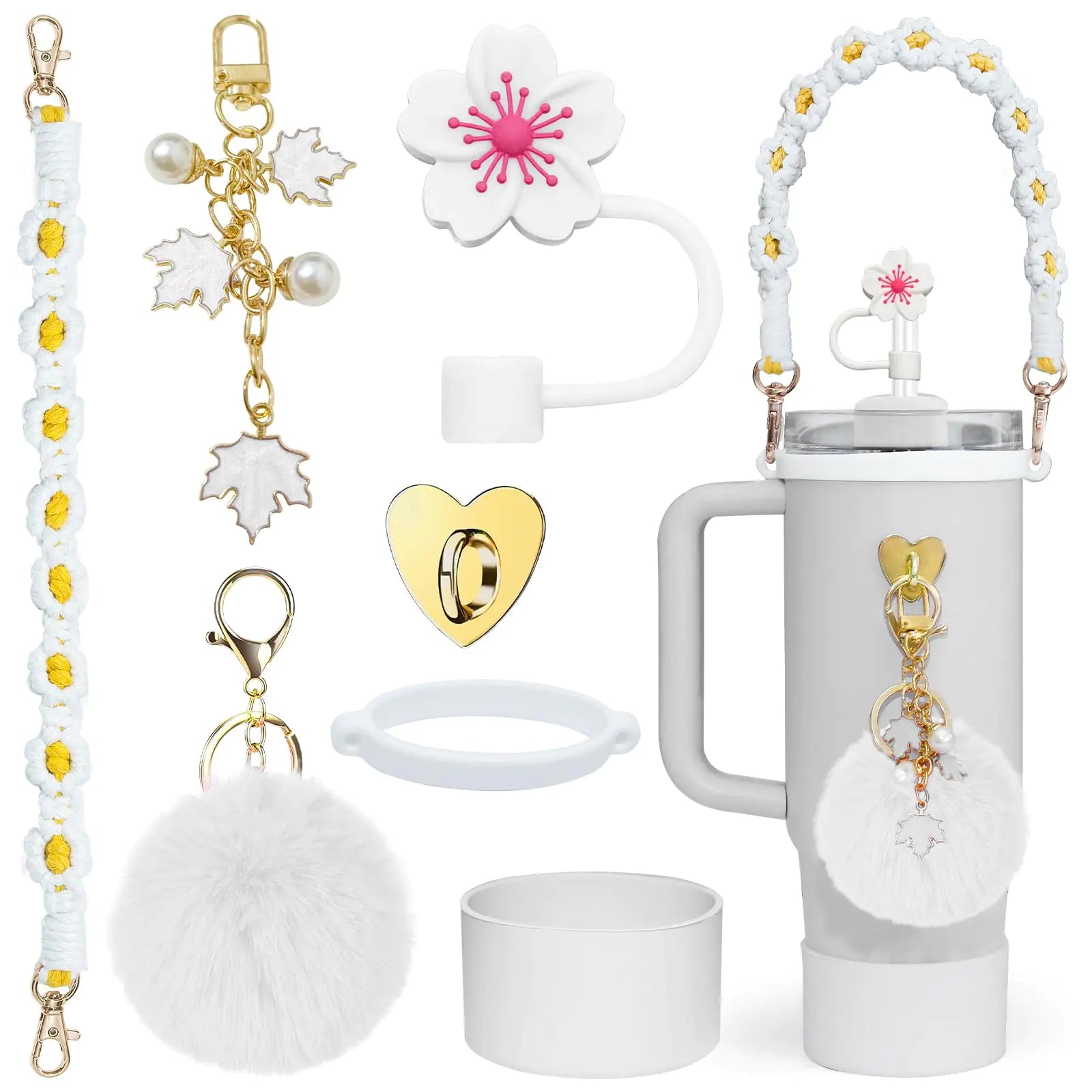 Stanley Cup Accessories Set-Woven Water Bottle Handle Strap Siliocne Stanley Cup Boot Stanley Charms for Stanley Cup 40oz Tumbler，Straw Cover Cap(White)