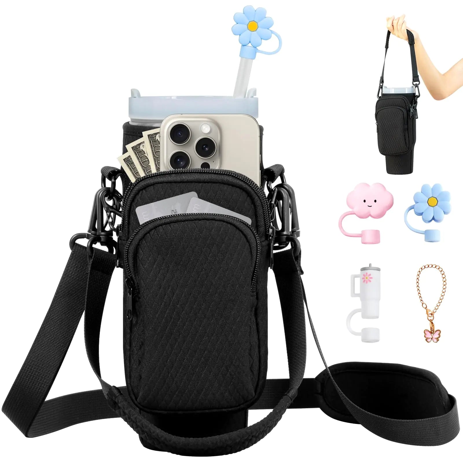 Stanley Cup Accessories Include 3Pcs Straw Covers & Butterfly Chain & Stanley Cup Holder 3D Embossing Neoprene 40 Oz Stanley Cup Carrier with Strap Water Bottle Carrier Bag with Phone Pocket
