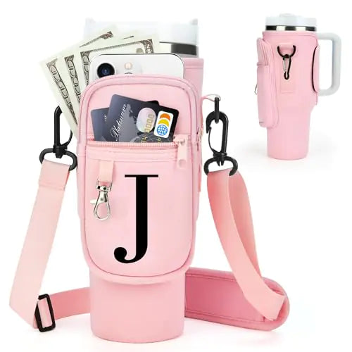 DTBG for Stanley Cup Accessories Water Bottle Carrier Bag for Stanley Tumbler with Strap 40 oz Personalized Initials for Stanley Cup Holder Gifts for Mothers Day/Stanley Fans-Pink-J