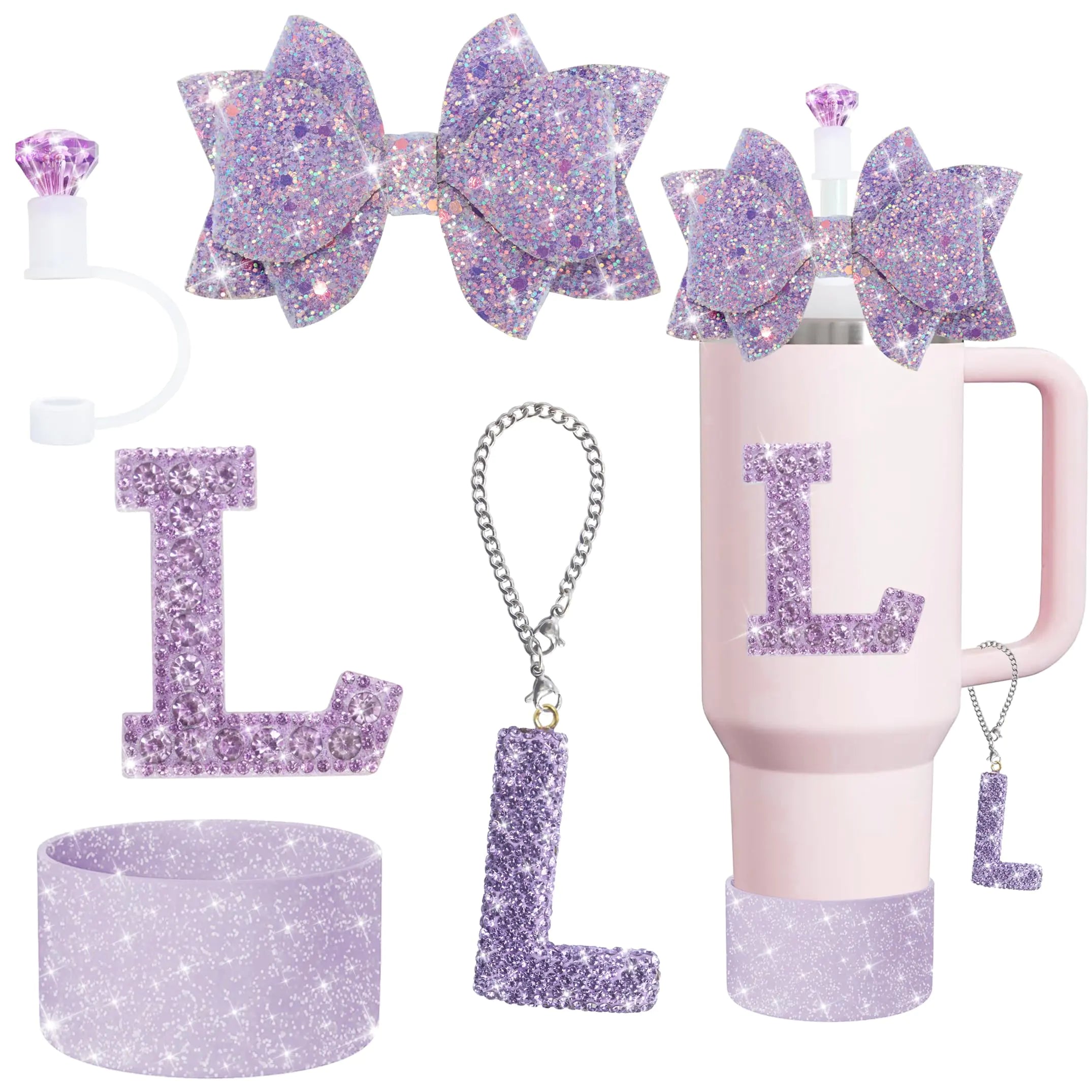 XIANGYUAN 5Pcs Stanley Cup Accessories SetLetter Charm for Stanley CupsIncluding Diamond StrawBow StrawSparkly Silicone Boot for Stanley Cup 30oz or 40oz(Purple L)